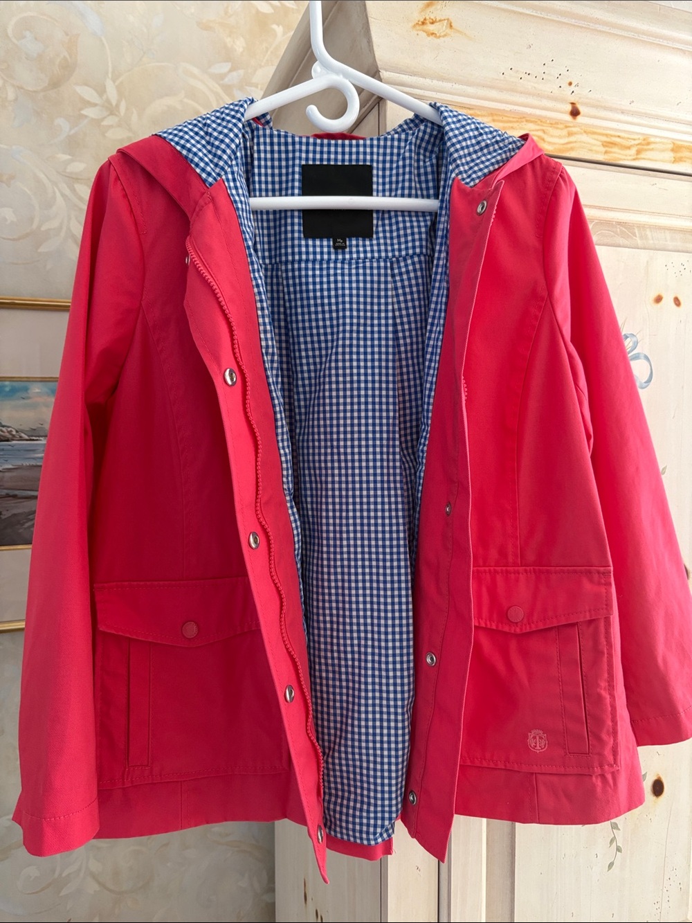 Talbots Rose Colored Hooded Cotton Swing Rain Jacket with Gingham Lining - Picture 3 of 11
